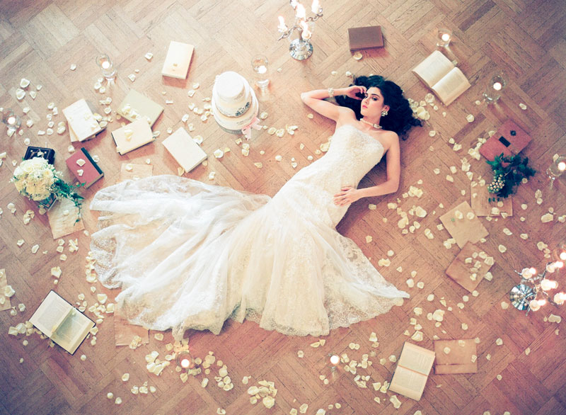 cecil-green-wedding-bride-artistic-laying-floor-flower-petals-books-laying-open
