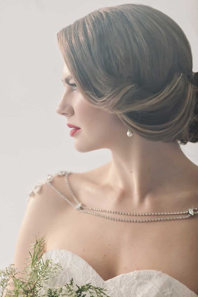 bridal jewelry shoulder necklace low updo bridal makeup and hair idea